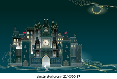 Fantasy background with old castle. Medieval kingdom with tower and clock. Imaginary Middle ages in fairyland. Illustration for kids fairy tale book, poster, wallpaper, game, banner, travel company.