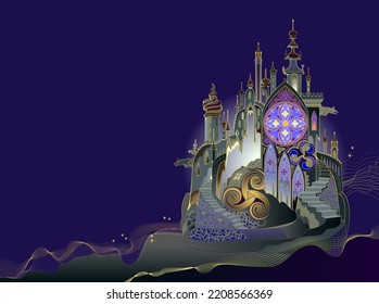 Fantasy Background With Old Celtic Castle. Medieval Kingdom. Imaginary Middle Ages In Fairyland. Illustration For Kids Fairy Tale Book. Drawing For Poster, Wallpaper, Game, Banner, Travel Company.