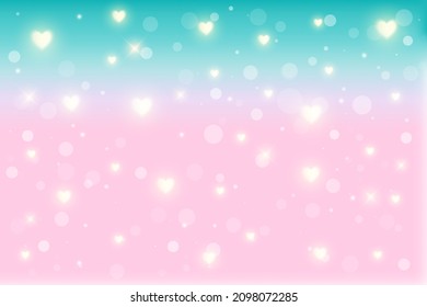 Fantasy background. Pattern in pastel colors. Multicolored sky with stars and hearts. Vector