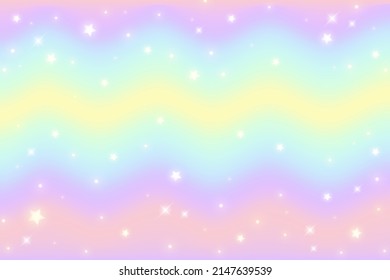 Fondo de fantasía. Patrón de colores pastel. Un cielo onicornio ondulado multicolor con estrellas y corazones. Vector