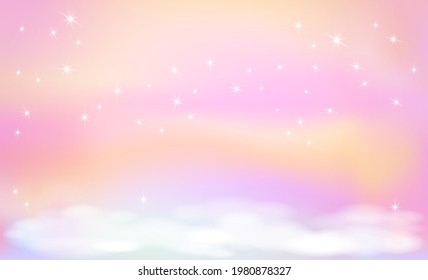 Fantasy background of pink magic sky in sparkling stars. Vector illustration for children.