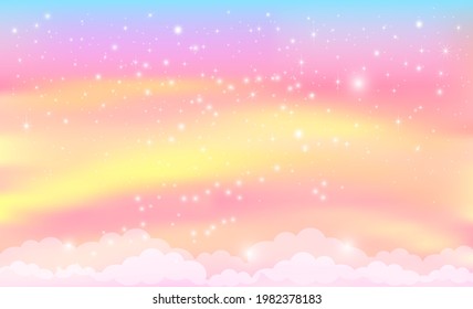 Fantasy background of pink magic sky in sparkling stars. Vector illustration for children.