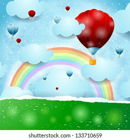Fantasy background with rainbow and hot air balloons, vector