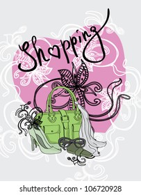fantasy background with shoes, bags and flowers