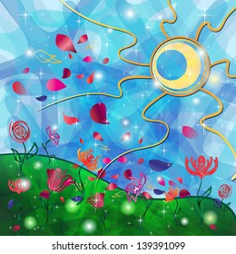 Fantasy background with Tribal Sun, petals and Flowers