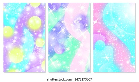 Fantasy background. Unicorn pattern. Holographic magic stars. Cover set. Vector illustration. Fantasy abstract background.