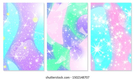 Fantasy background. Unicorn pattern. Holographic magic stars. Cover set. Vector illustration. Fantasy abstract background.