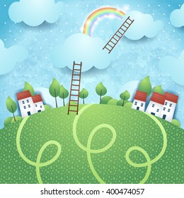 Fantasy background with village and ladders, vector illustration 