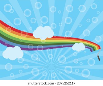 Fantasy background, wallpaper with flying rainbow and soap bubbles drawn with paint
