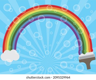 Fantasy background, wallpaper with flying rainbow and soap bubbles drawn with paint