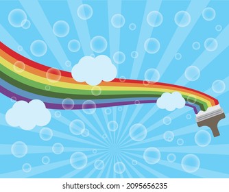 Fondo de fantasía, fondo de pared con arco iris volante y burbujas de jabón dibujadas con pintura