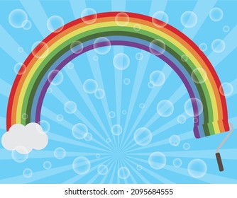 Fondo de fantasía, fondo de pared con arco iris volante y burbujas de jabón dibujadas con pintura