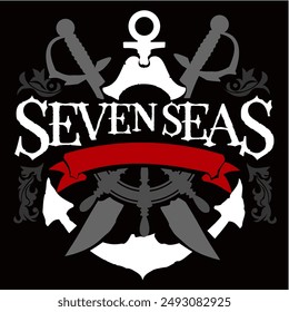 Fantasy Badge Composition with Title Seven Seas,  Ribbon, Swords, Anchor, Navigation Wheel, Skull and Pirate Head, suitable for Tshirt and Various Merchandise