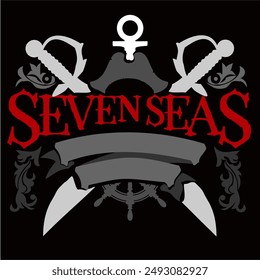 Fantasy Badge Composition with Title Seven Seas,  Ribbon, Swords, Anchor, Navigation Wheel, Skull and Pirate Head, suitable for Tshirt and Various Merchandise