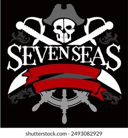 Fantasy Badge Composition with Title Seven Seas,  Ribbon, Swords, Anchor, Navigation Wheel, Skull and Pirate Head, suitable for Tshirt and Various Merchandise