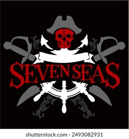 Fantasy Badge Composition with Title Seven Seas,  Ribbon, Swords, Anchor, Navigation Wheel, Skull and Pirate Head, suitable for Tshirt and Various Merchandise