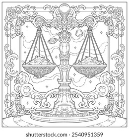 Fantasy balancing scale with carving ornament and border. Learning and education coloring page illustration for adult and children. Vector outline style, black and white drawing for various purposes.