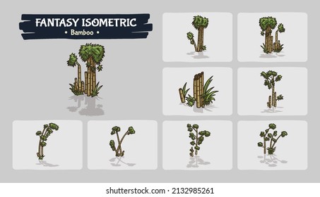 Fantasy Bamboo trees set game assets - Isometric Vector Illustration