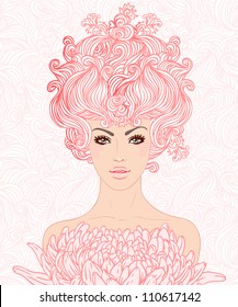 Fantasy Baroque Princess: Young Beautiful Girl With Pink Big Hair In Marie Antoinette Style, Vector