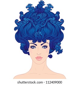 Fantasy baroque princess: young beautiful girl with blue big hair in Marie Antoinette style, vector