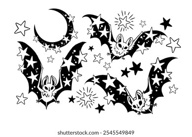 Murciélagos de fantasía decorados con estrellas. Dibujos negros estilizados sobre un fondo blanco