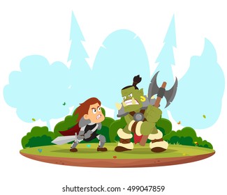 fantasy battle between the knight and orc. Orc warrior with an ax. People knight with a sword. vector illustration.