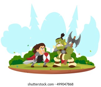 fantasy battle between the knight and orc. Orc warrior with an ax. People knight with a sword. vector illustration.