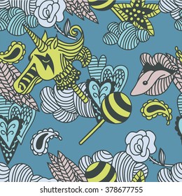 fantasy beautiful doodle unicorn seamless pattern colorful abstract background