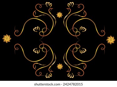 Fantasía hermoso patrón. Flores, hojas, rizos. Ilustración dorada sobre fondo negro con espacio para una inscripción. Impresión en tela. Postal con espacio para una inscripción. .Vector.