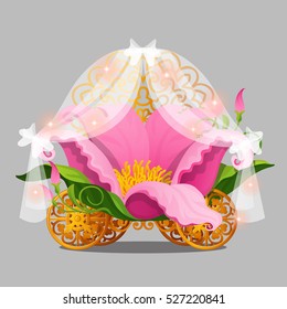 Fantasy bed the Princess in a pink flower petals with gold wheels of a fabulous carriage isolated on a grey background. Vector illustration.