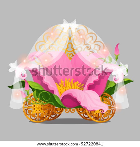 Fantasy bed the Princess in a pink flower petals with gold wheels of a fabulous carriage isolated on a grey background. Vector illustration.