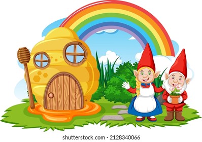 Fantasy bee hive house with rainbow in the sky  illustration