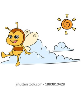 The fantasy bee sits on a cloud of clear weather, doodle icon image. cartoon caharacter cute doodle draw