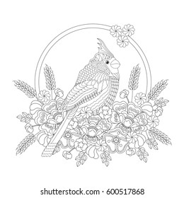 Fantasy bird in flowers. Coloring book for adults and children. Black and white vector illustration.