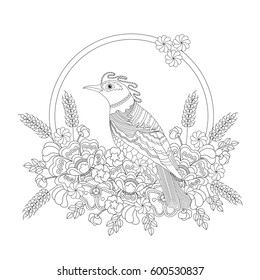 Fantasy bird in flowers. Coloring book for adults and children. Black and white vector illustration.