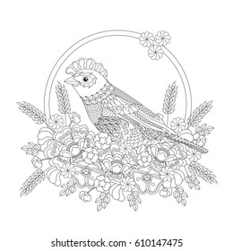 Fantasy bird in flowers. Coloring book for adults and children. Black and white vector illustration.