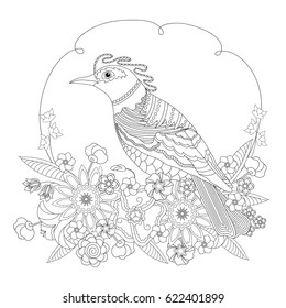 Fantasy bird in flowers. Coloring book for adults and children. Black and white vector illustration.
