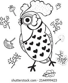 Fantasy bird on botanical background doodle coloring art for kid,children,coloring pages,birds cartoon coloring pages,greeting card,pattern,decoration,pre school coloring pages,background,clip art.