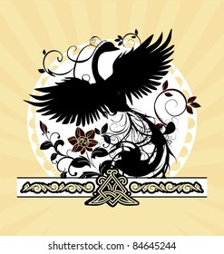 Fantasy bird on floral background decorated with abstract pattern