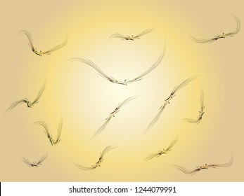 Fantasy birds soaring on sunset sky original vector illustration. Flying paradise birds print design. A flock original image. Original silhouettes of flying birds. The bats silhouette background