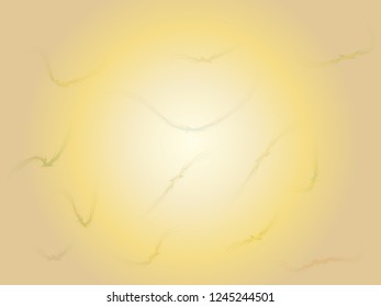 Fantasy birds soaring on sunset sky original vector illustration. Flying paradise birds print design. A flock original image. Original silhouettes of flying birds. The bats silhouette background