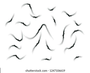 Fantasy black birds soaring in the sky original vector illustration. Flying paradise birds print design. A flock original image. Original silhouettes of flying birds. The bats silhouette background