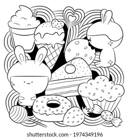 Fantasy black doodle anti-stress coloring book on white background. Cute characters in kawaii style and tasty food. Vector illustration.