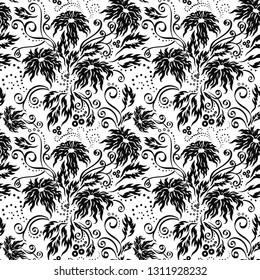 Fantasy black Flower seamless pattern with leaves, dots and curls on white background. Backdrop vector illustration
