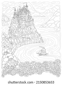 Fantasy black and white landscape. Fairy tale castle on a cliff,  sea fjord bay, mountains, sailing boat, forest. Coloring book page for adults and children