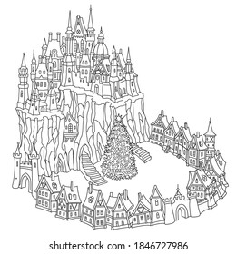 Fantasy Black and white urban landscape. Fairy tale medieval castle with Christmas tree in the middle of a  small town. New Year's greeting card, T-shirt print. Adults and children coloring book page 