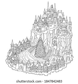 Fantasy Black and white urban landscape. Fairy tale medieval castle with Christmas tree on small town street. New Year greeting card, T-shirt print. Adults and children coloring book page 