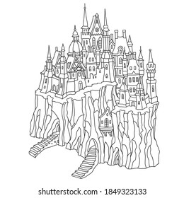 Fantasy Black and white urban landscape. Fairy tale medieval castle with and small ancient town street, houses. Adults and children coloring book page, tee-shirt print, post card 