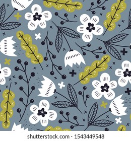 fantasy blooms with hand drawn elements. vector floral seamless pattern with abstract tulips and feathers on a grey background