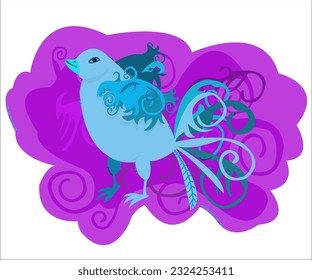 A fantasy blue bird on a vintage romantic background. This illustration can be used as a logotype for bird's, zoo, travel, singing, creative companies, as a print for t-shirts. Vector, isolated.